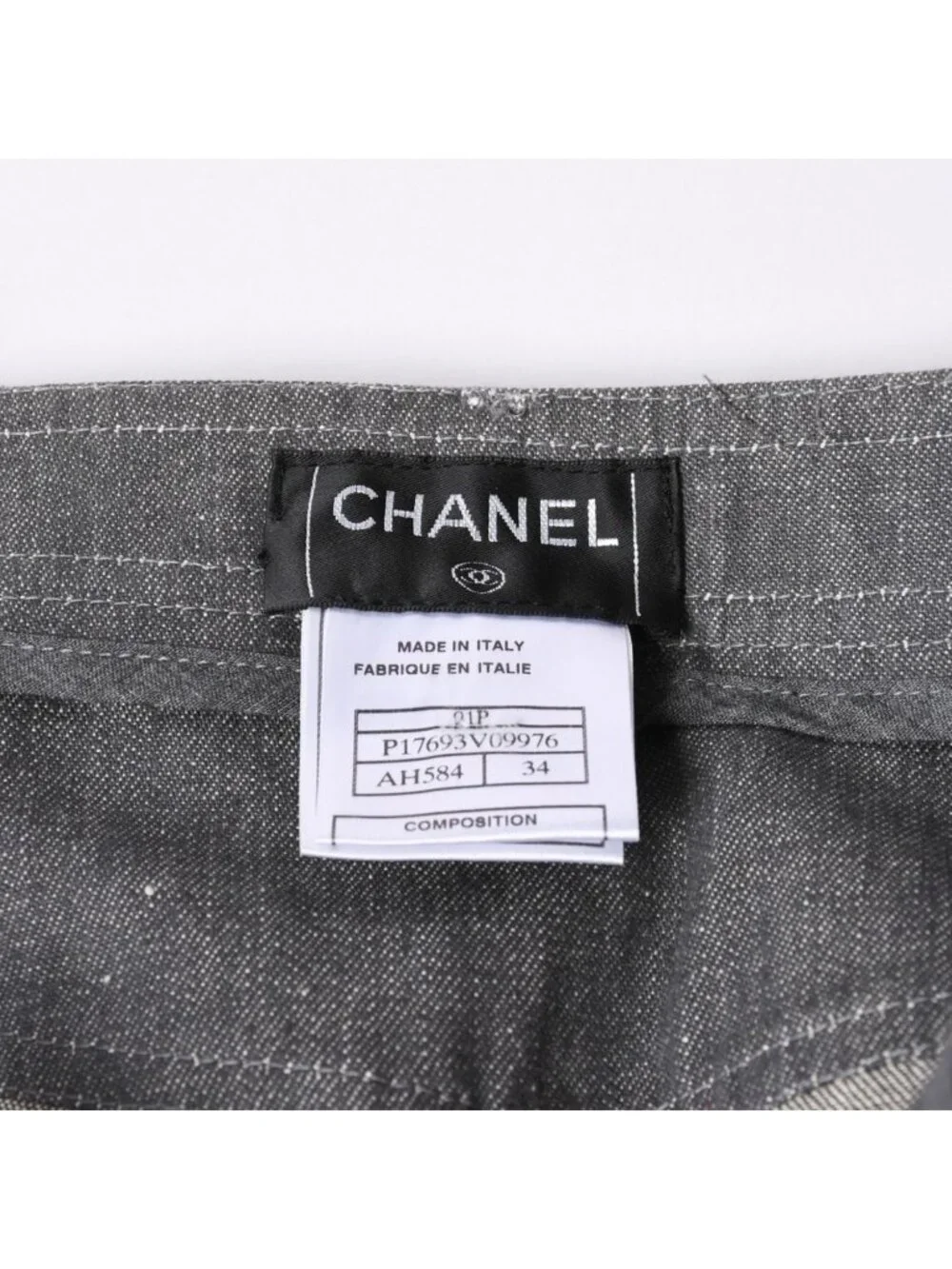 Chanel Flare Bell Denim Pants CC Logo Rhinestone Gray Bootcut White Stitch